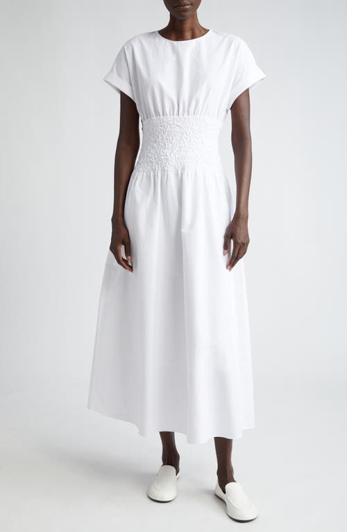 Lafayette 148 New York Smocked Waist Cotton Poplin Midi Dress in White 