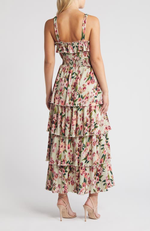 Shop Chelsea28 Plissé Tiered Maxi Dress In Green- Pink Blossoms