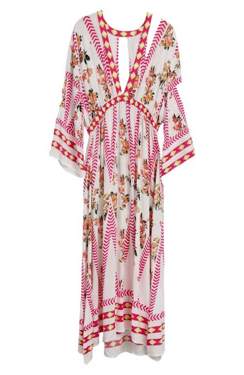 Saachi Floral Print Plunge Neck Cover-up Kaftan In White Combo