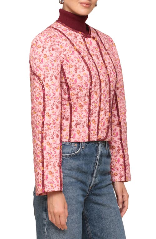 Shop Avec Les Filles Floral Quilted Crop Jacket In Pink Burgundry Floral