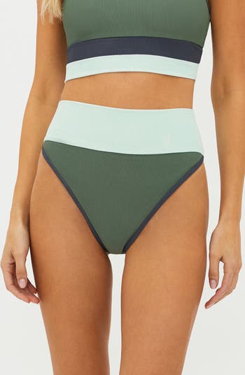Beach Riot Emmy Colorblock High Waist Bikini Bottoms In Green