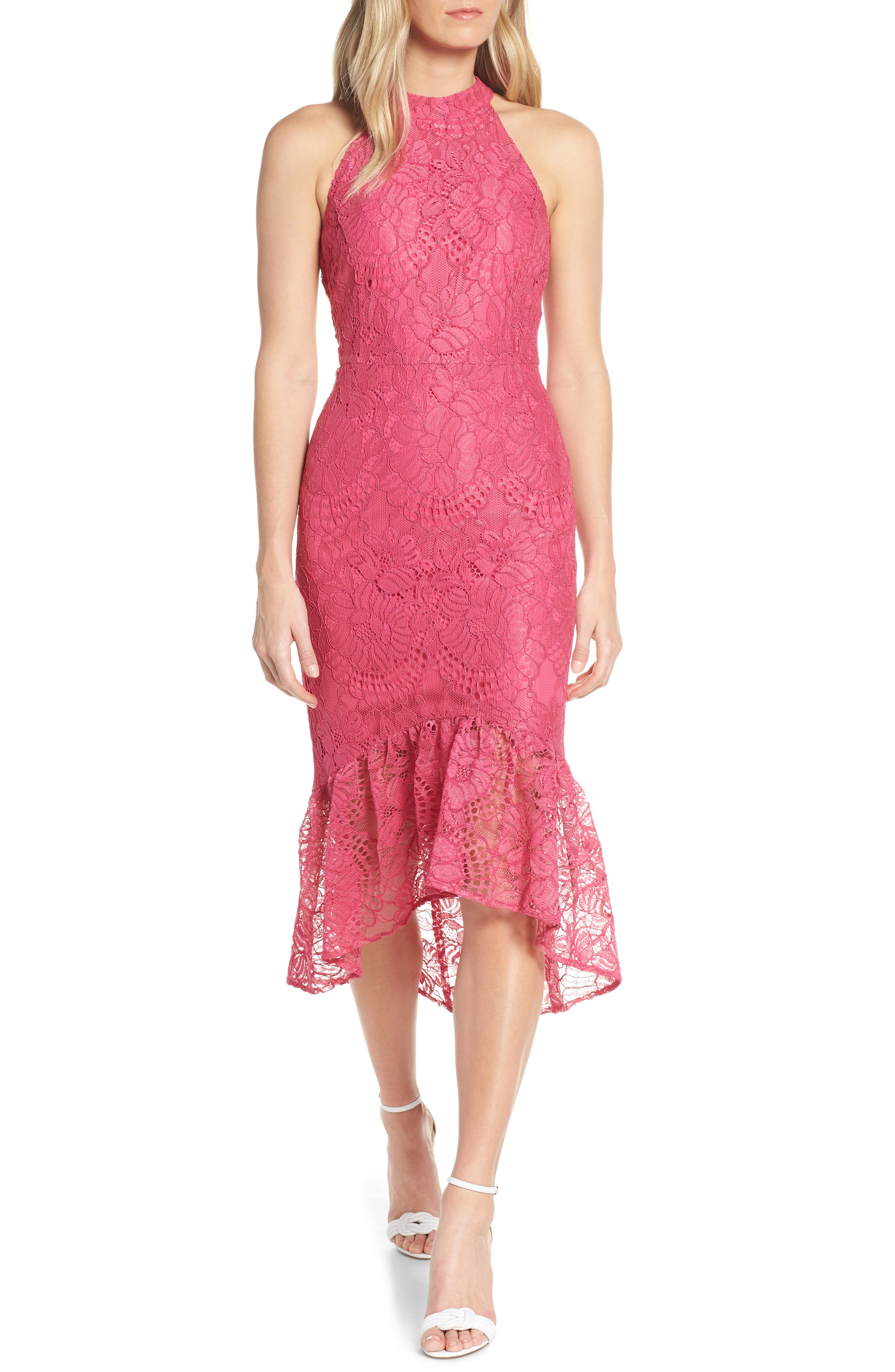 Forest Lily Lace Halter High/low Dress, Pink