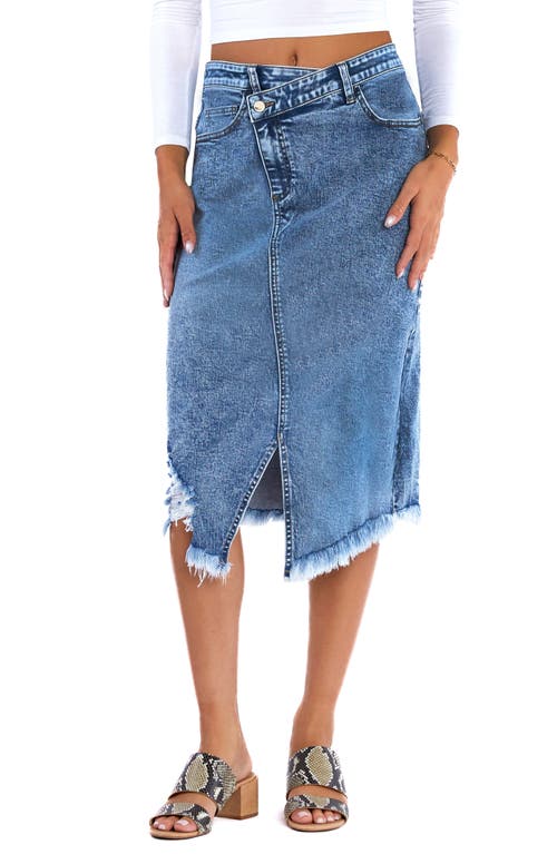 Shop Wash Lab Denim Loaded Crossover Waistband Raw Hem Midi Denim Skirt In Loaded Blue