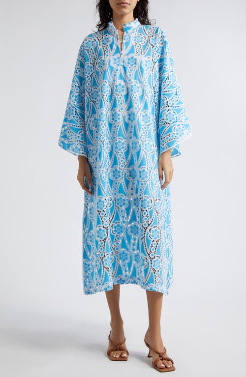 Floral Lace Maxi Cover-Up Caftan in Cyan Blue