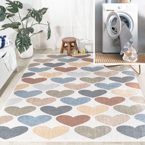 Shop Jonathan Y Dila Modern Hearts Geometric Machine-washable Area Rug In Ivory/blue/orange