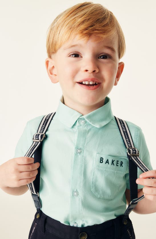Shop Baker By Ted Baker Kids' Short Sleeve Button-up Shirt, Trousers & Suspenders Set In Green Multi