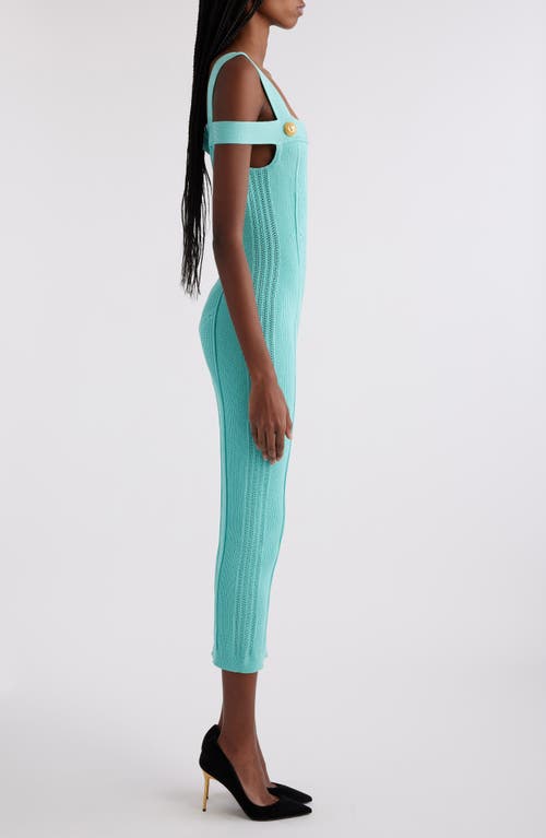 Shop Balmain Double Strap Mixed Stitch Midi Sweater Dress In Mint