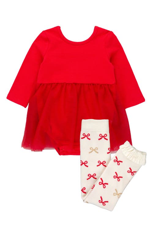 Shop Rufflebutts Holiday Long Sleeve Cotton Skirted Tulle Bodysuit & Bow Leggings Set In Red