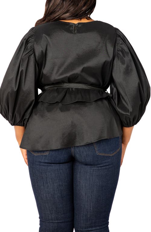 Buxom Couture Tie Waist Voluminous Elbow Sleeve Taffeta Peplum Top In Black