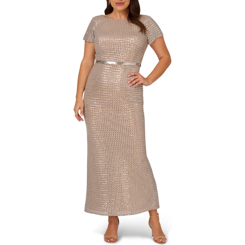 Adrianna Papell Belted Sequin Column Gown In Silver/nude