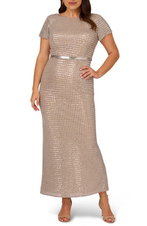 Belted Sequin Column Gown (Plus)