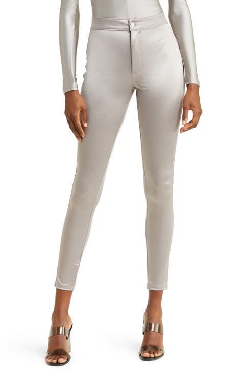 Go Colors Women Dark Solid Mid Rise Metallic Pants - White (L)