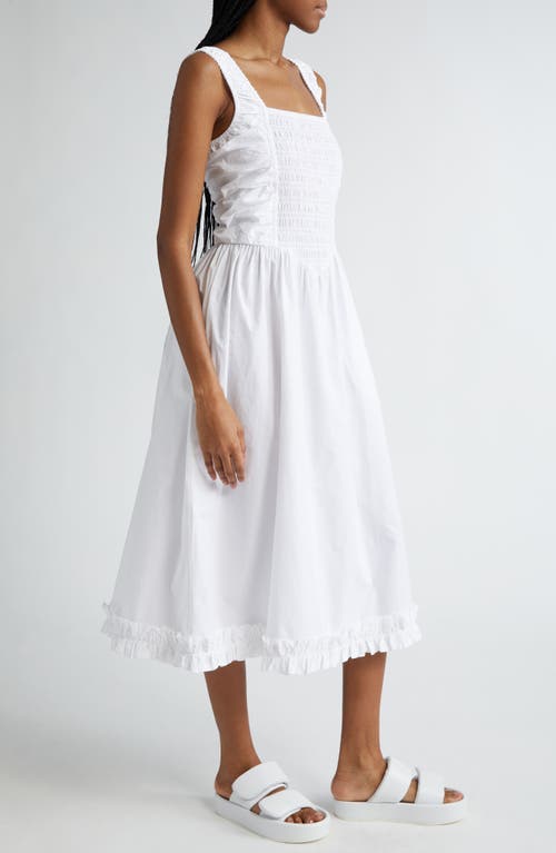 Shop Ganni Smock Bodice Organic Cotton Poplin Midi Dress In Bright White