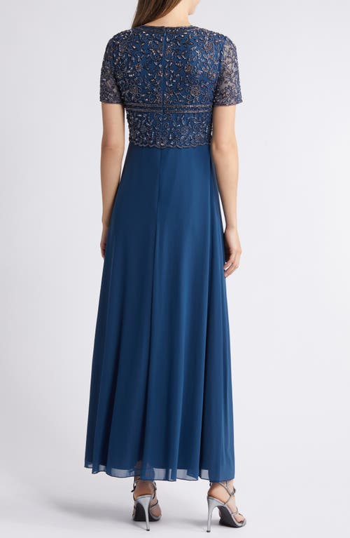 Shop Pisarro Nights Beaded Bodice A-line Gown In New Petrol Blue