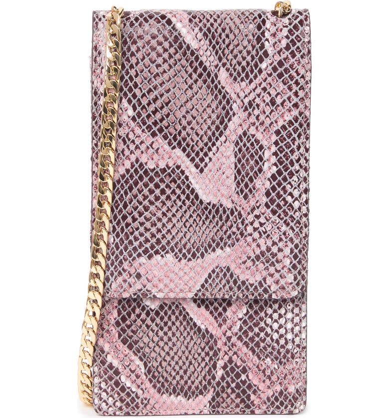 NORDSTROM Margaux Snakeskin Print Leather Wallet on a Chain, Main, color, PINK CAKE SNAKE