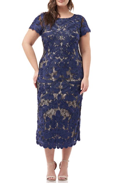 Js Collections Two Tone Soutache Embroidered Midi Dress In Navy Nude
