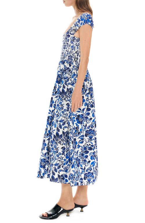 La Ligne Vivian Floral Smocked Bodice Cotton A-line Dress In Ivory/cobalt Floral