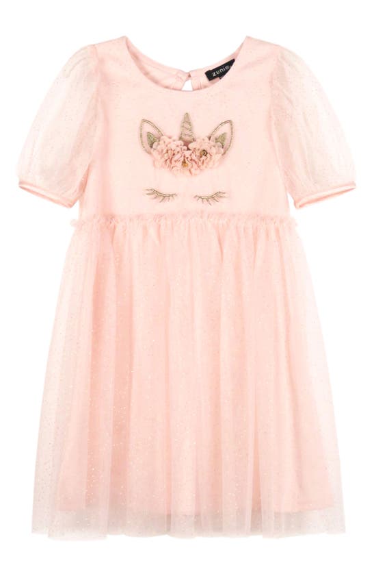 Zunie Kids' Puff Sleeve Glitter Mesh Fit & Flare Dress In Baby Pink