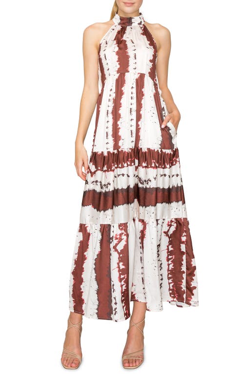 Mock Neck Tiered Maxi Dress in Bone Brown Abstract