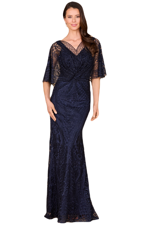 Shop Lara New York Cape Sleeve Mermaid Gown In Navy