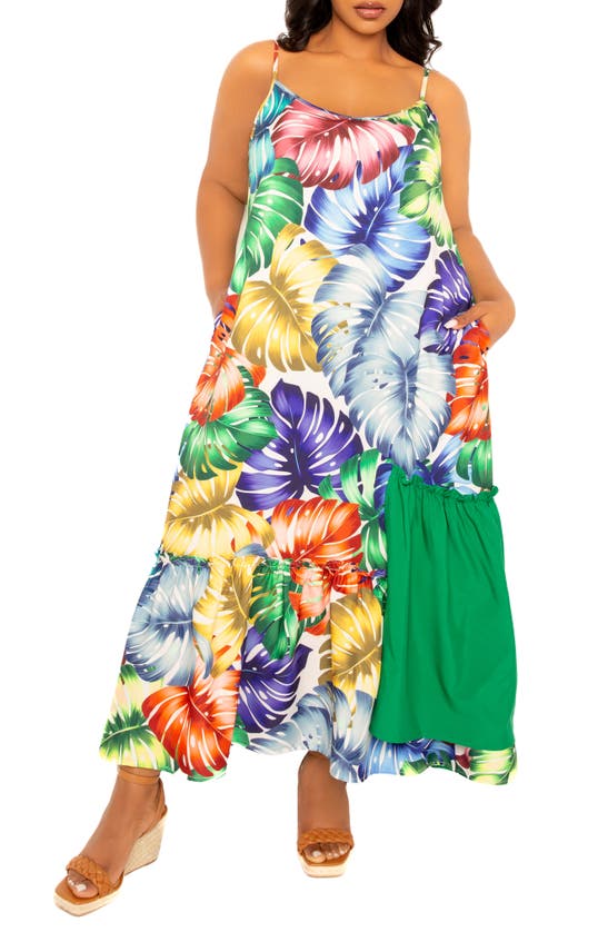 Shop Buxom Couture Palm Print Blocked Maxi Sundress In Green Multi