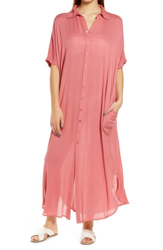 Elan Button-down Maxi Cover-up Dress In Rose