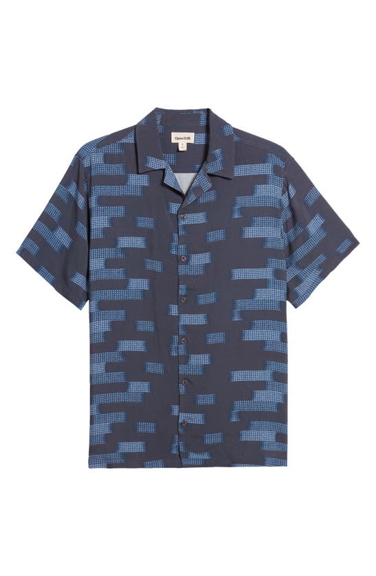 Shop Open Edit Relax Geo Pattern Camp Shirt In Navy Ambient Stripe