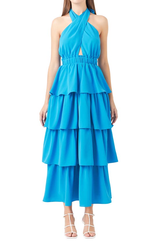 Shop Endless Rose Tiered Halter Maxi Dress In Blue