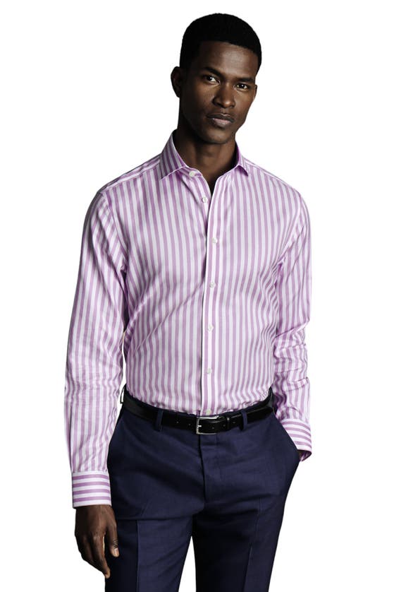 Charles Tyrwhitt Wide Stripe Non-iron Twill Cutaway Slim Fit Shirt Single Cuff In Pink