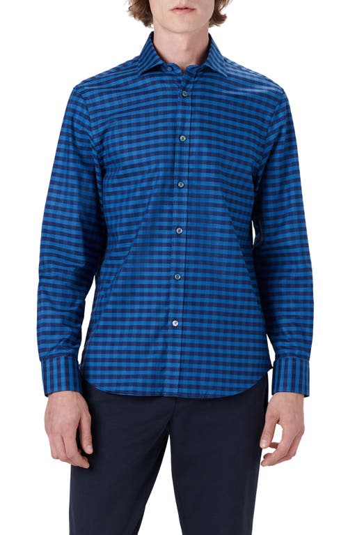 Bugatchi Shaped Fit Check Stretch Cotton Button-Up Shirt in Night Blue at Nordstrom, Size X-Large