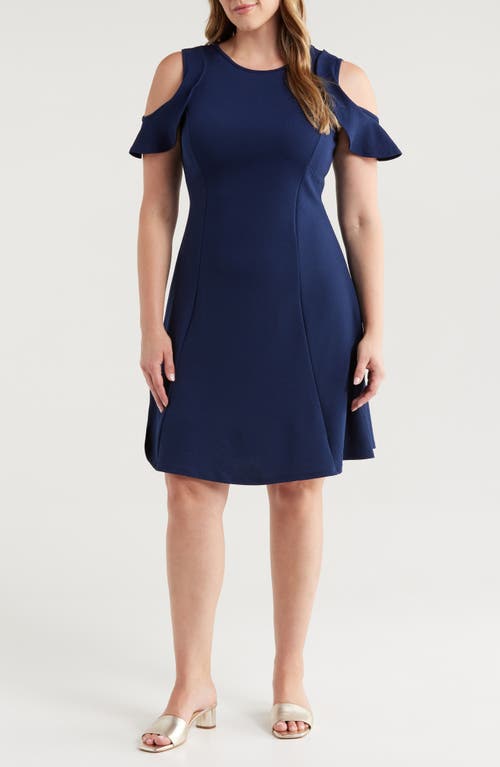 24seven Comfort Apparel Plus Size Ruffle A-line Knee Length Dress In Navy