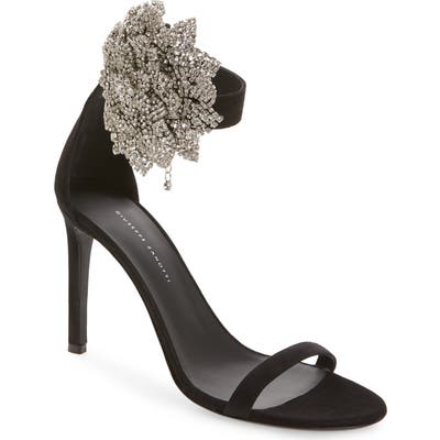 Giuseppe Zanotti Crystal Flower Ankle Strap Sandal, Black