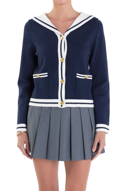 English Factory Contrast Collar Sailor Cardigan In Navy/ White
