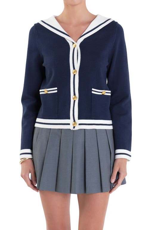 Shop English Factory Contrast Collar Sailor Cardigan In Navy/white