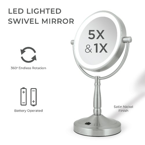 Zadro Lighted Makeup Mirror With 5x/1x Magnifications & Cordless In Satin Nickel