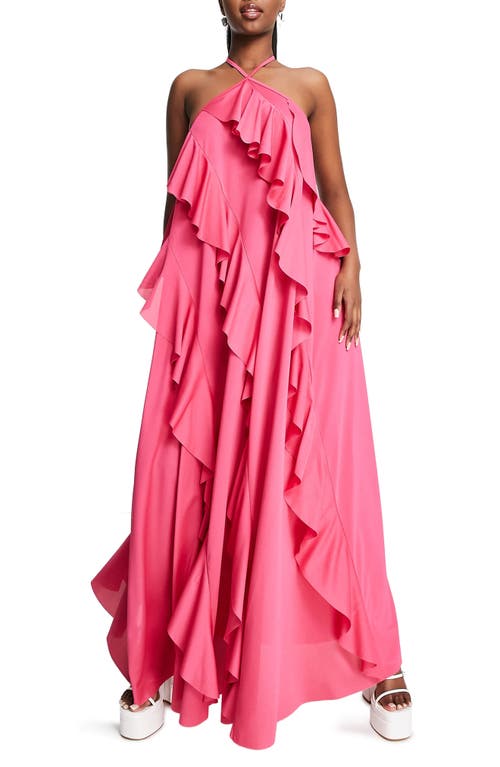 ASOS DESIGN Ruffle Halter Neck Tiered Maxi Dress in Light Pink