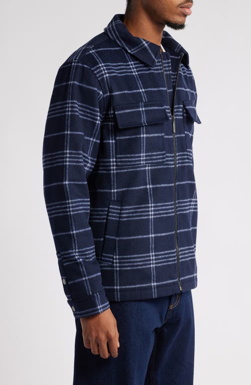 Shop Open Edit Plaid Flannel Zip-up Shirt Jacket In Navy- Grey Grid Plaid