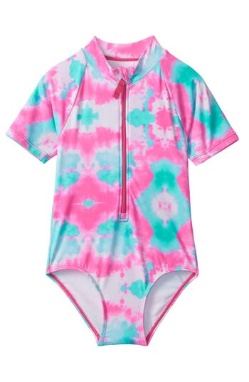 Hatley Kids' Sea Creatures Short Sleeve One-piece Rashguard Swimsuit In Pink