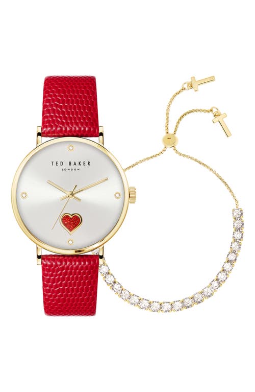 Shop Ted Baker London Phylipa Leather Strap Watch & Bracelet Set, 34mm In Yellow Gold/silver/red