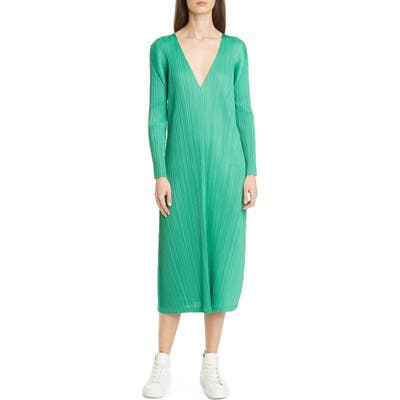 Pleats Please Issey Miyake Pleated Long Sleeve Midi Dress, (fits like 4-6 US) - Green