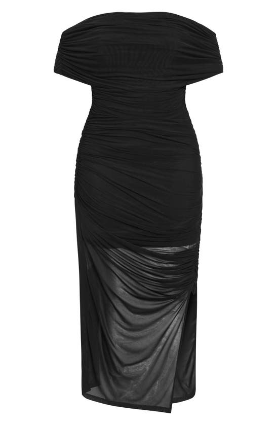 Shop City Chic Marianne Off The Shoulder Ruched Mesh Midi Dress In Black