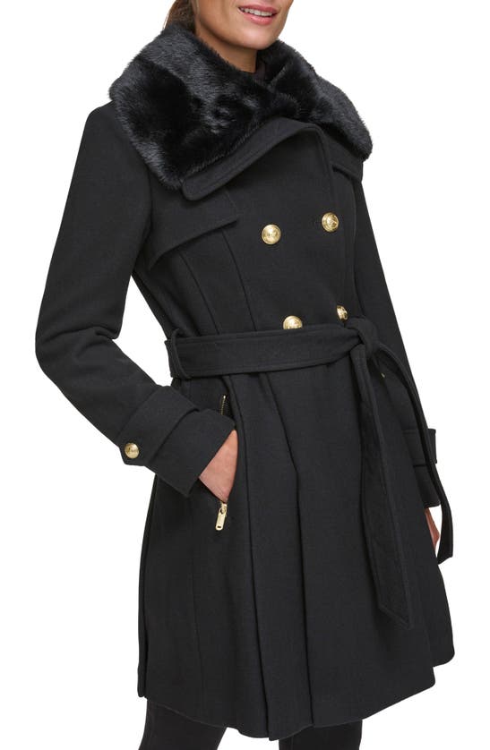 Guess Double Breasted Button Front Fit and Flare Faux Fur Collared Coat, Womens, M, Black