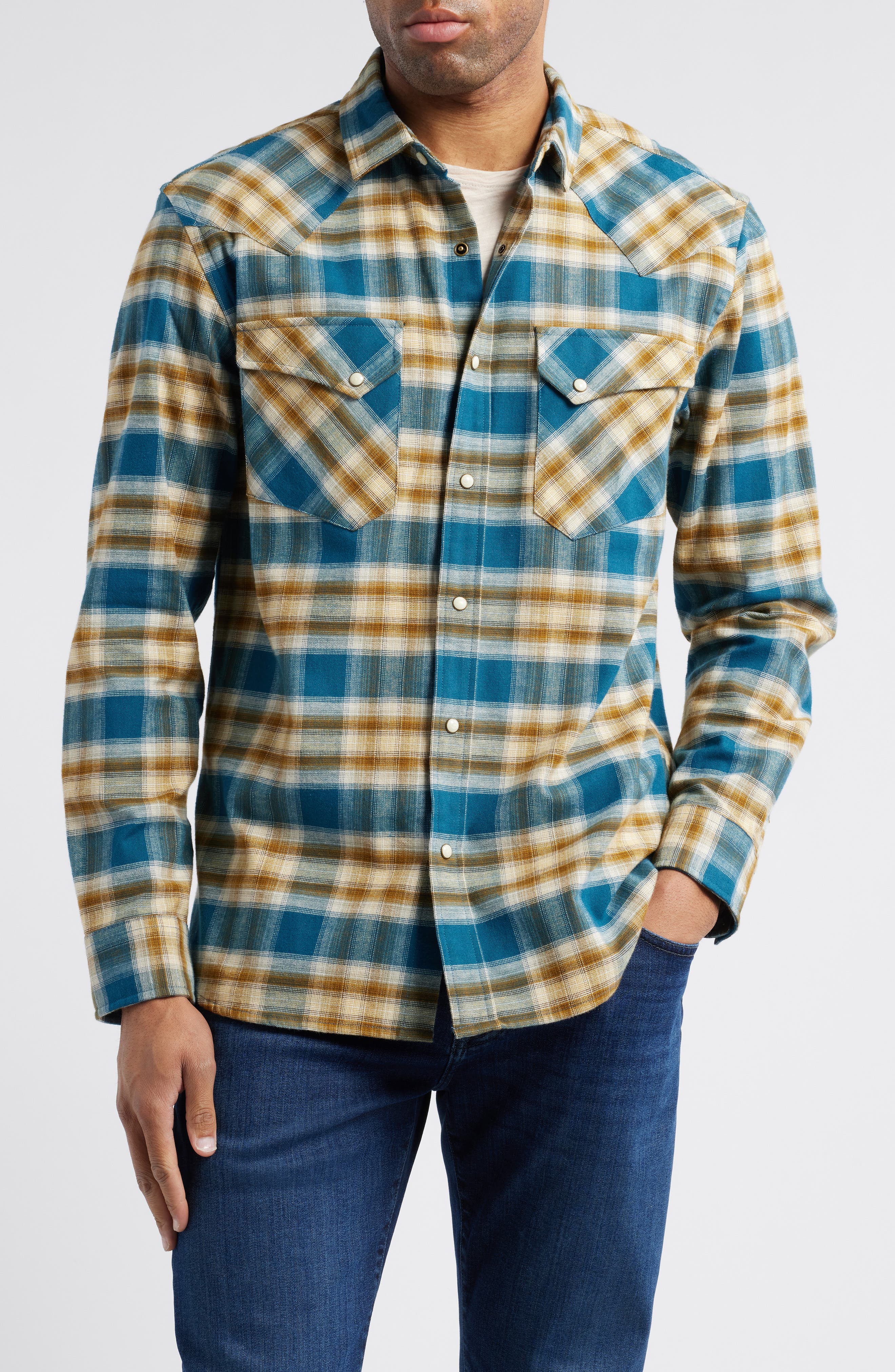 Pendleton Wyatt Plaid Cotton Snap-Up Shirt in Blue/Bronze Plaid 