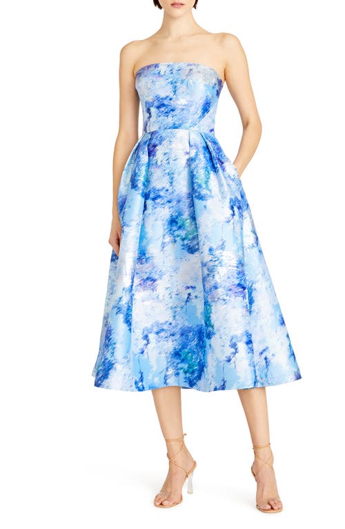 ML Monique Lhuillier Violet Jacquard Metallic Strapless A-Line Midi Dress in Blue Springs