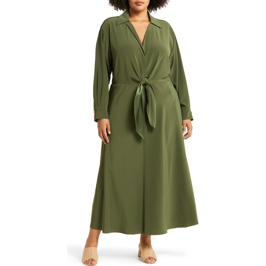 Vince Tie Waist Long Sleeve Dress In Bay Leaf