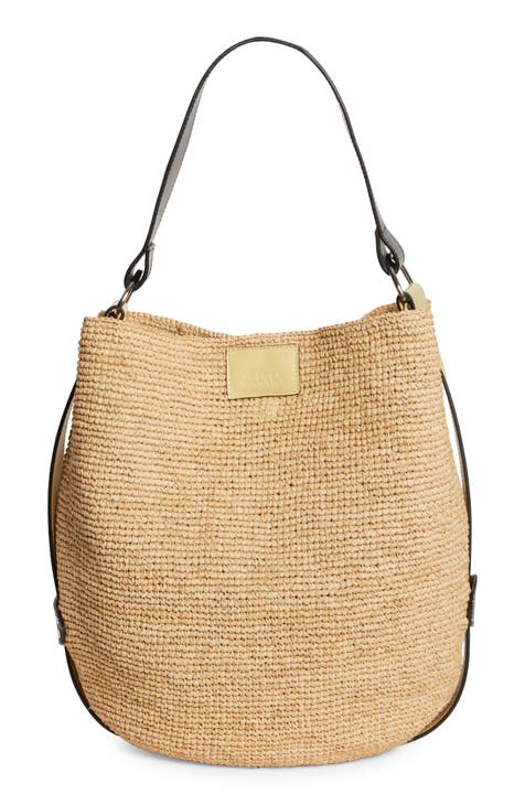 Isabel Marant Bayia Leather-trimmed Woven Raffia Bucket Bag in Gray
