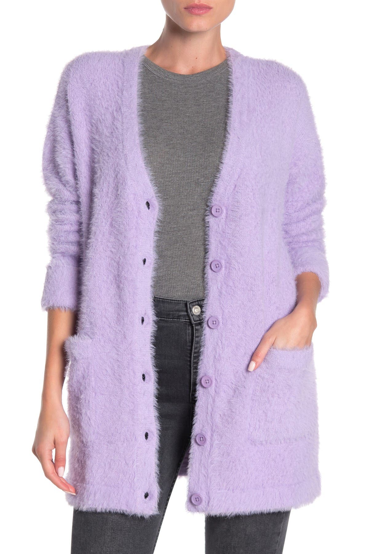 fuzzy purple cardigan