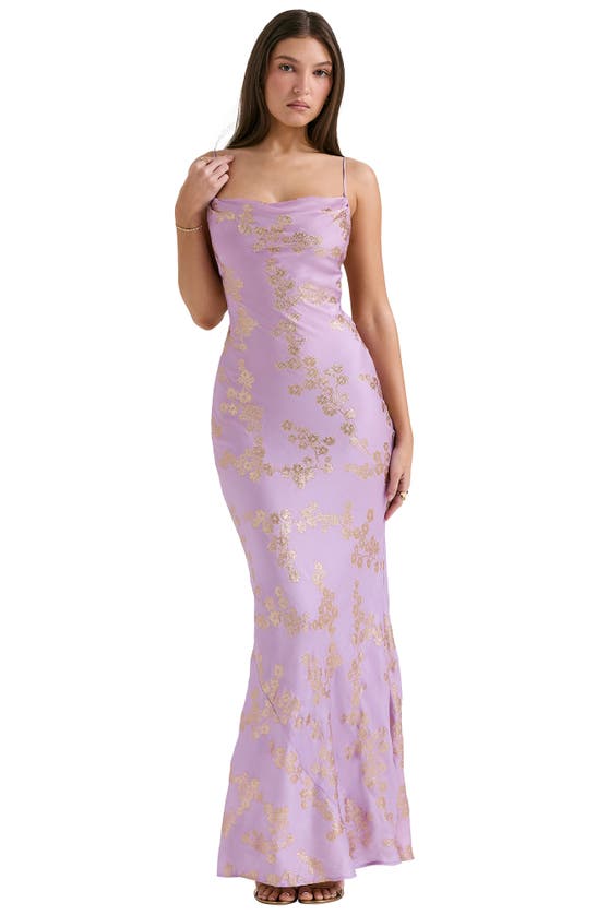 House Of Cb Capriana Metallic Sleeveless Lace Back Mermaid Gown In Orchid Bloom