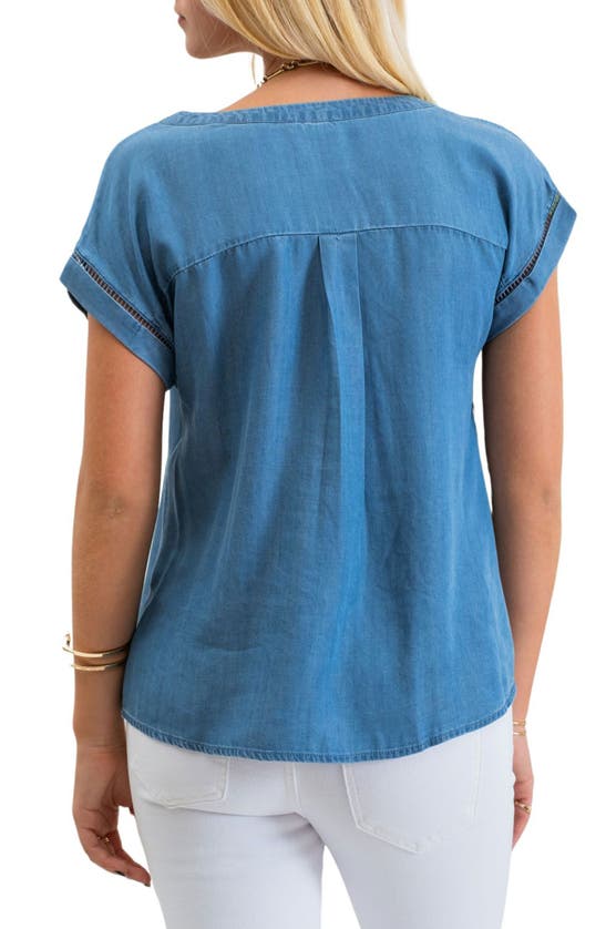 Shop Blu Pepper Split Neck Ladder Lace Top In Chambray