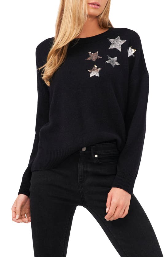 Cece Sequin Star Cotton Blend Sweater In Rich Black
